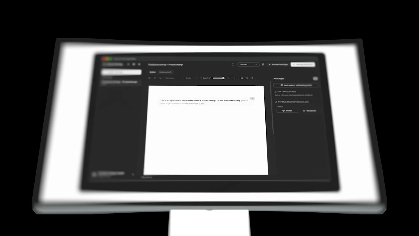 Produktansicht: Vertragseditor auf einem Monitor mit Dokument und Prüfleiste